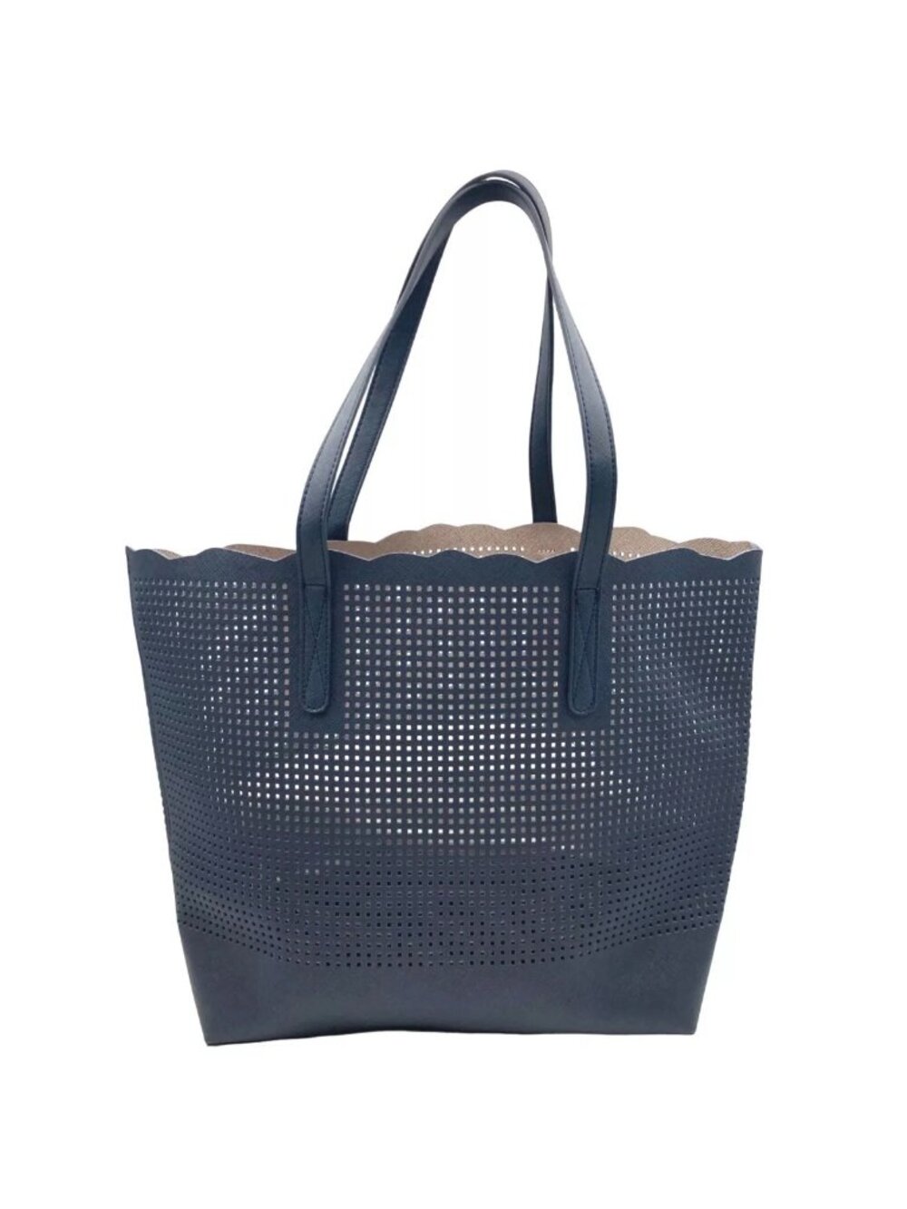 Neiman Marcus Navy Blue Perforated Scalloped Tote Bag Laser Cut Shoulder Bag